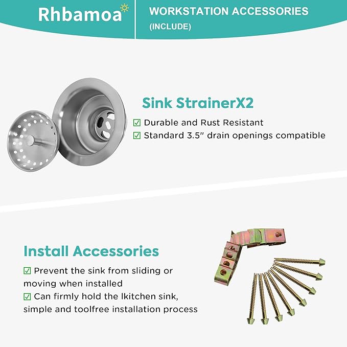 Rhbamoa 33''x22'' Drop In Kitchen Sink,T304 Stainless Steel Sink,50/50 Double Bowl Kitchen Sinks 33 Inch,10'' & 7'' Deep Top Mount Double sinks with 3 Faucet Holes