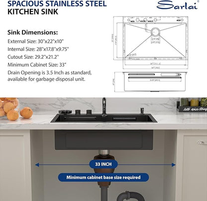 Sarlai Waterfall Kitchen Sink 30 Inch Black Drop In Kitchen Sink Topmount 16 Gauge Stainless Steel 30x22 Inch Single Bowl Multifuction Workstation Top Mount Sinks with Double Knob