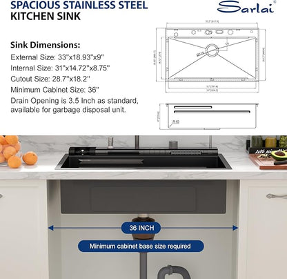 Sarlai Waterfall Kitchen Sink - 33 Inch Drop In Workstation Sink With Waterfall Black Stainless Steel 16 Gauge Multifunction Single Bowl Smart Top Mount Kitchen Sinks with Mechanical Keys 33x19 Inch