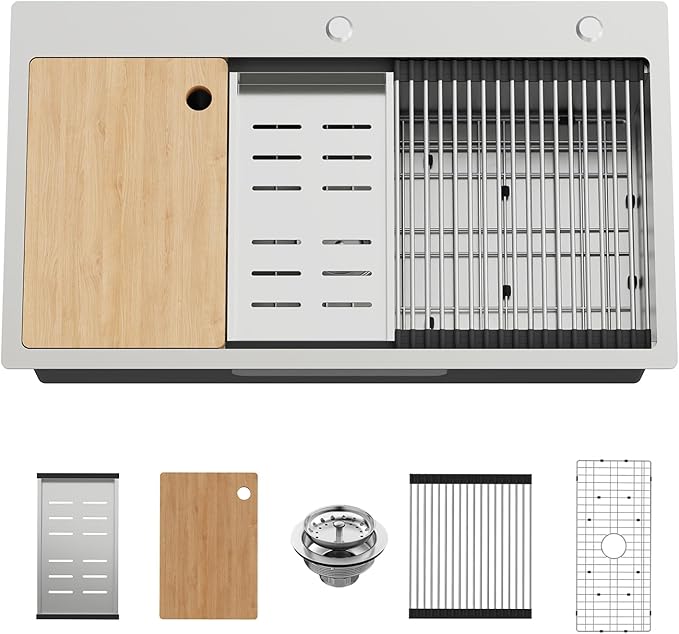 Kitchen Sink Workstation, 33x19 In Stainless Steel Drop In Modern Large Single Bowl Workstation Sink Gift Combo-SS Grid,Drying Rack,SS Colander,Cutting Board,Drain Assembly For Various Kitchen Style