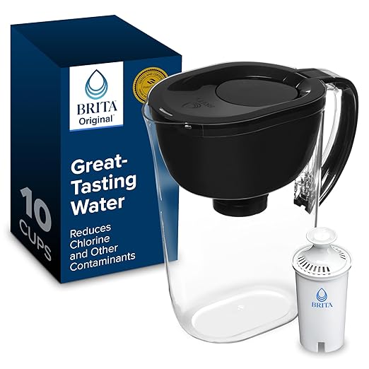 Brita Large 10-Cup Water Filter Pitcher, WQA NSF/ANSI Certified, Removes Chlorine Taste & Odor, Reduces Zinc, Copper & Mercury, 1 Standard Filter, Lasts 2 Months, Black