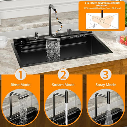 Mocoloo 33 Inch Black Honeycomb Waterfall Kitchen Sink Drop in, 33x19 Inch Stainless Steel Workstation Sink 16 Gauge Topmount Single Bowl LED Display Sink with Complete Kit