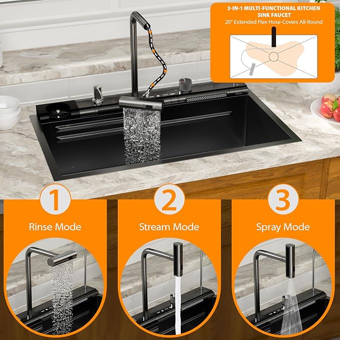 Mocoloo 30 Inch Black Honeycomb Waterfall Kitchen Sink Drop in, 30x19 Inch Stainless Steel Workstation Sink 16 Gauge Topmount Single Bowl LED Display Sink with Complete Kit