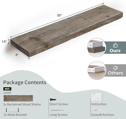 FLYJOE Floating Shelves, 8 Inch Deep Rustic Solid Reclaimed Wood Wall Shelves for Storage, Wall Mounted Display Shelving with Invisible Heavy-Duty Metal Bracket, 30 Inch Width Set of 2, Grey