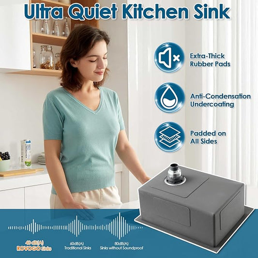 ROVOGO 22x18x9 in. Drop-in Kitchen Sink Single Bowl with 1 Faucet Hole, 304 Stainless Steel Handmade Modern Sink Top Mount with Bottom Grid and Offset Drain, Brushed