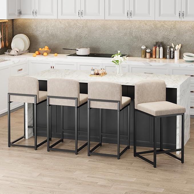 GarveeHome Bar Stools Set of 2, Modern Counter Height Bar Stools with Back and Footrest, Faux Leather Upholstered Barstools Chairs for Kitchen Island Dining Room Bar, Beige