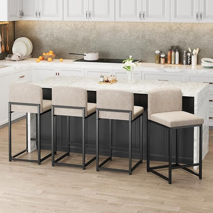 GarveeHome Bar Stools Set of 2, Modern Counter Height Bar Stools with Back and Footrest, Faux Leather Upholstered Barstools Chairs for Kitchen Island Dining Room Bar, Beige