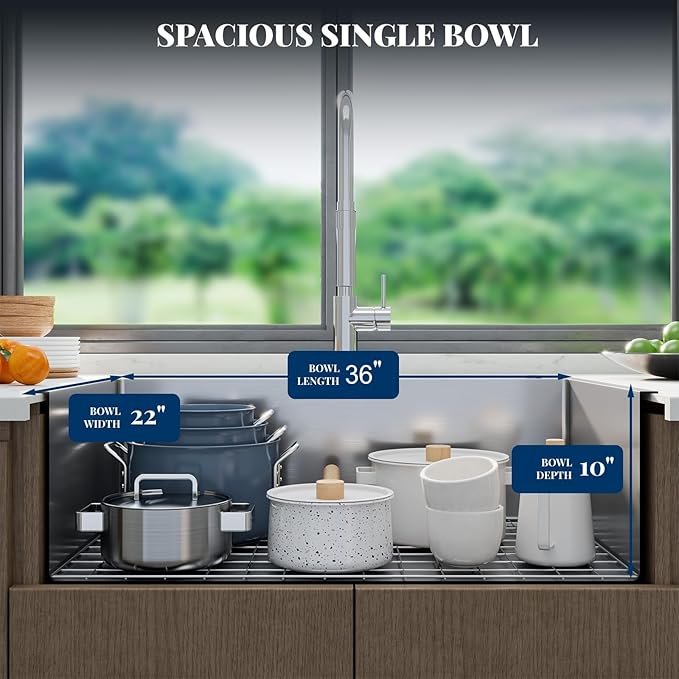 Stainless Steel Kitchen Sink 36 × 22 × 10 inch – Topmount Single Bowl Sink, Brushed Finish, Includes Bottom Grid & Drain, 2.0mm Rim, 1.0mm Bowl