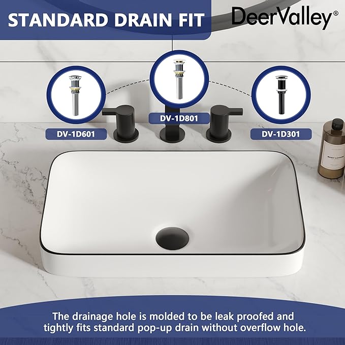 DeerValley Vessel Sink Rectangular, 18.9"x11.61" White Semi Recessed Bathroom Sink with Black Rim Ceramic Porcelain Rectangle Bathroom Vessel Sink Above Counter Vanity Sink Basin DV-1V0235