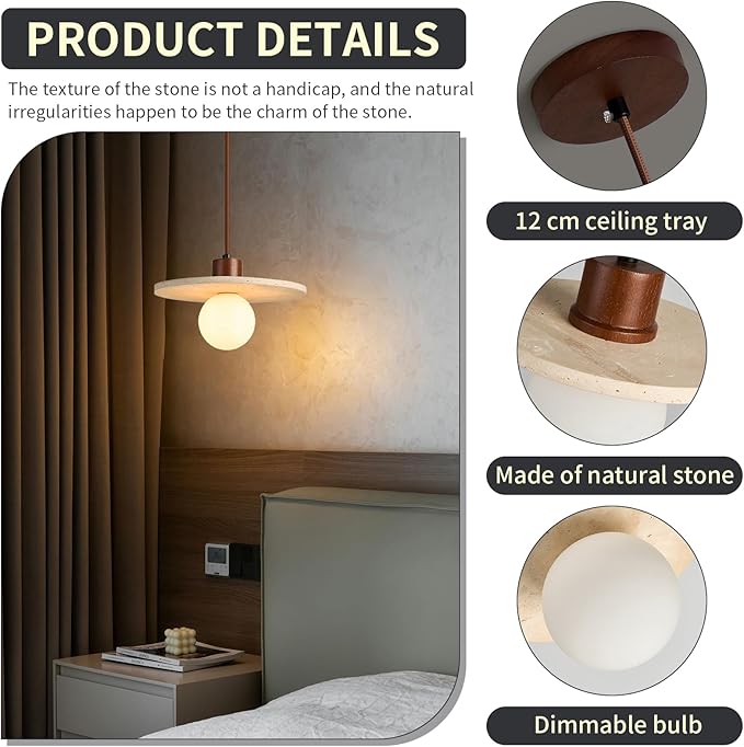 Japanese Wabi sabi Pendant Light with Natural Stone Shade, Dimmable Modern Wood Hanging Lamp Fixture, Adjustable Height Pendant Lamp for Bedroom, Kitchen Island, Dining Room, Restaurant, Cafe, Bar (M)