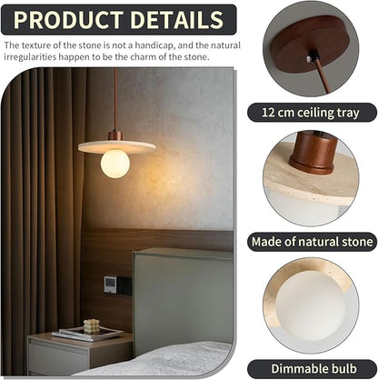 Japanese Wabi sabi Pendant Light with Natural Stone Shade, Dimmable Modern Wood Hanging Lamp Fixture, Adjustable Height Pendant Lamp for Bedroom, Kitchen Island, Dining Room, Restaurant, Cafe, Bar (M)