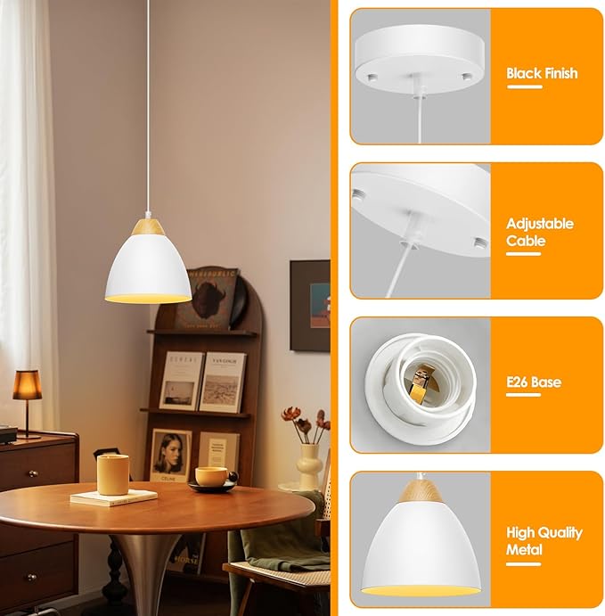 3 Pack Pendant Lights for Kitchen Island, 5.9" Cone Metal Shade Adjustable Height White Small Hanging Lamps for Dining Room Light Fixtures Over Table Modern Ceiling Fixture