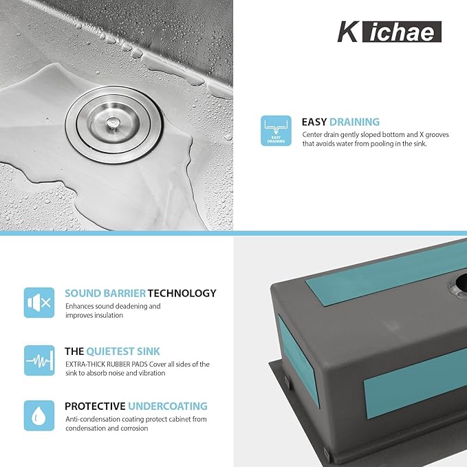 Kichae 33" x 22" Waterfall Sink Drop In - 33x22 Drop In Waterfall Kitchen Sink 304 Stainless Steel 16G Handmade Single Bowl Workstation Sinks with Faucet Combo & Glass Rinser
