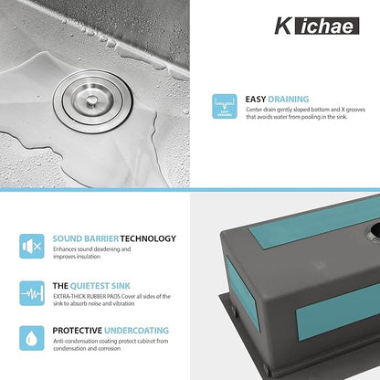 Kichae 33" x 22" Waterfall Sink Drop In - 33x22 Drop In Waterfall Kitchen Sink 304 Stainless Steel 16G Handmade Single Bowl Workstation Sinks with Faucet Combo & Glass Rinser