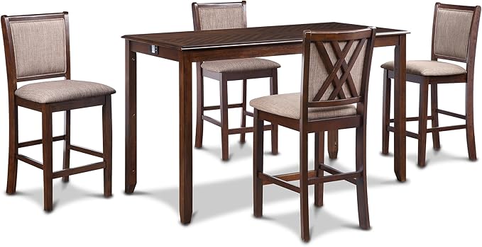 New Classic Furniture Amy Kitchen Counter Island Dining Table for 4 with Storage Shelf & USB Chargers, Traditional Brown Cherry