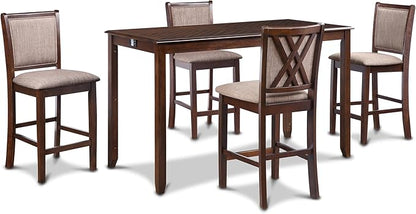 New Classic Furniture Amy Kitchen Counter Island Dining Table for 4 with Storage Shelf & USB Chargers, Traditional Brown Cherry