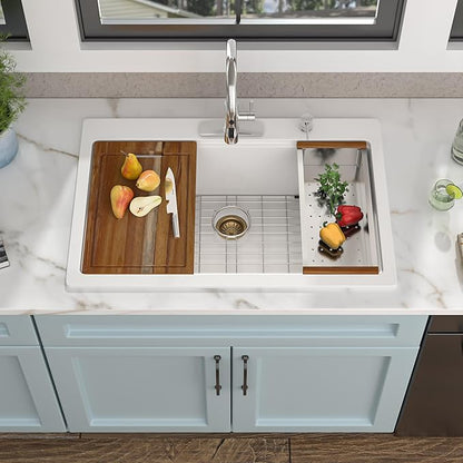 33 Granite Composite Kitchen Sink - Fulorni 33"x22" Granite Kitchen Sink White Ledge Workstation Drop-In Topmount Quartz Classic Above Counter Single Bowl Basin