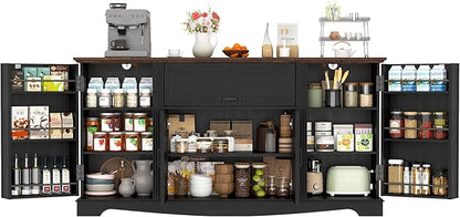 65" Sideboard Buffet Cabinet with Storage, Farmhouse Kitchen Pantries Sideboard Cabinets with Drawer, Wood Coffee Bar Cabinet with Adjustable Shelves, Storage Cabinets for Kitchen, Black