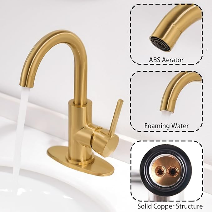 Gold Bathroom Faucets - Single Hole Waterfall Vanity Sink Faucet with Drain Assembly, Brushed Gold Waterfall Bathroom Faucets 360° Swivel Spout Vanity Faucet Single Handle Lavatory Faucets