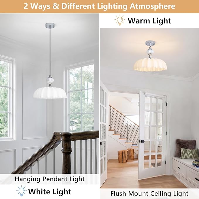 15.7 Inch Vintage Flower Brushed Nickel Chandelier, Adjustable Height Pendant Light with White Milk Glass Shades, Farmhouse Ceiling Light Fixture for Kitchen Island, Dining Room, Bedroom