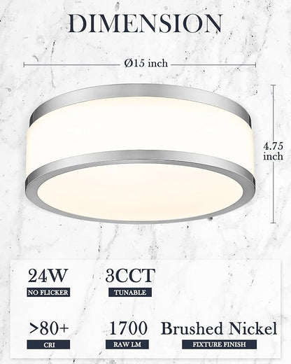 LMS 15 Inch LED Flush Mount Ceiling Light, 24W Modern Brushed Nickel Ceiling Lamp, 3CCT 3000K/4000K/5000K, Dimmable, Bathroom, Bedroom, LMS-054BN
