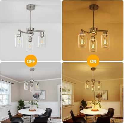 CNRATYE 3-Light Brushed Nickel Pendant Lighting for Kitchen Island, Hanging Dining Room Light Fixtures Over Table, Industrial Chandelier for Entryway Hallway Foyer Bedroom, Clear Glass Shade