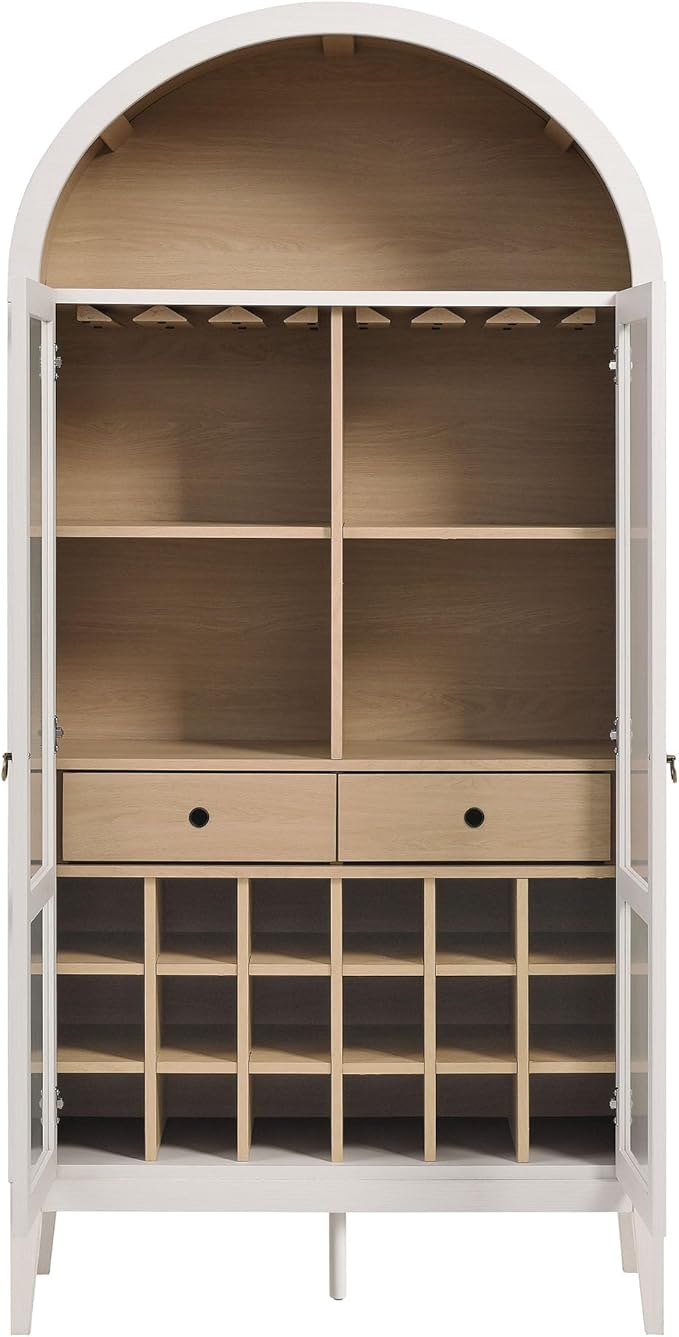 Modway Nolan Modern Farmhouse Arched Bar Cabinet in Ivory Wood Grain - 72 Inch Tall Wine Storage Cabinet with Glass Doors and Wine Rack - Large Liquor Cabinet for Dining or Living Room