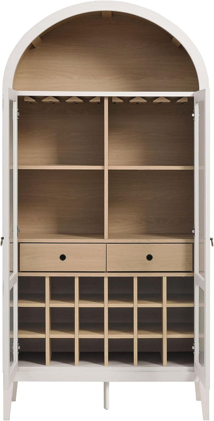 Modway Nolan Modern Farmhouse Arched Bar Cabinet in Ivory Wood Grain - 72 Inch Tall Wine Storage Cabinet with Glass Doors and Wine Rack - Large Liquor Cabinet for Dining or Living Room