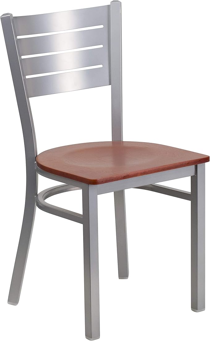 Flash Furniture 2 Pk. HERCULES Series Silver Slat Back Metal Restaurant Chair - Cherry Wood Seat