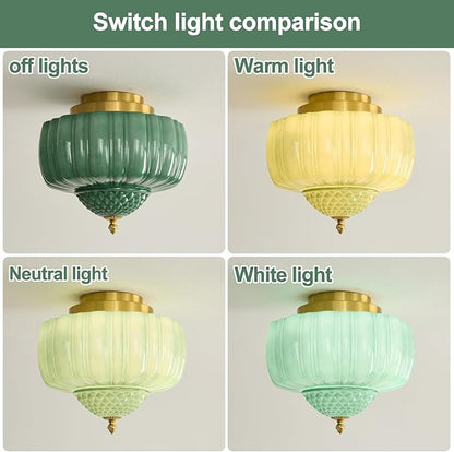 Vintage Ceiling Light Fixture 14 inch Semi Flush Mount Ceiling Light Mid Century Modern Green Glass Ceiling Lamp for Bedroom Kitchen Restaurant Hallway Schoolhouse