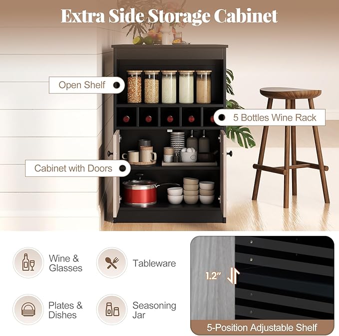 48’’ Dining Table, Modern Kitchen Table with Storage Shelves, Cabinet & Wine Rack, Counter Height Bar Table for Kitchen, Dining Living Room, Bar, Restaurant, Pub, Coffee Shop