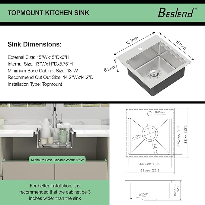 15 Inch Drop In Kitchen Sink - Beslend ADA 6 Inch Depth 15x15 Drop In Worksation Sink Topmount Stainless Steel 16 Gauge Mobility Friendly Sinks for Wheelchair Accessible Kitchen