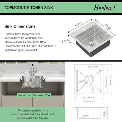 15 Inch Drop In Kitchen Sink - Beslend ADA 6 Inch Depth 15x15 Drop In Worksation Sink Topmount Stainless Steel 16 Gauge Mobility Friendly Sinks for Wheelchair Accessible Kitchen