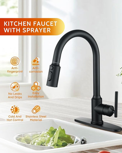 WOWOW Kitchen Faucets with Pull Down Sprayer, Matte Black Kitchen Sink Faucet with Sprayer, 304 Stainless Steel High Arc Single Handle Pull Down 3 Hole Black Bar Sink Water Faucets for Rv Sink Faucet