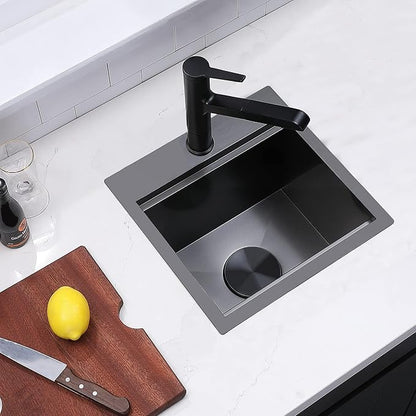 IKEBANA 15x15 Inch Black Drop In Bar Sink Workstation, 16 Gauge Stainless Steel Top Mount Single Bowl Handmade Gunmetal Black Wet Bar Sink for Outdoor Prep RV Laundry with Grid & Cutting Board