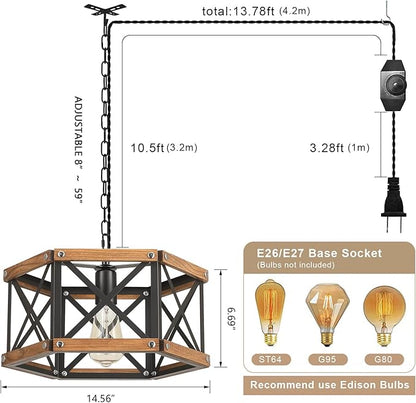 Rustic Farmhouse Plug in Pendant Light Fixture with Adjustable Chain, Dimmable Switch, 14.5 inch Industrial Oak Wood and Metal Cage Hanging Lamp for Kitchen Island Dining Room Farmhouse, Black
