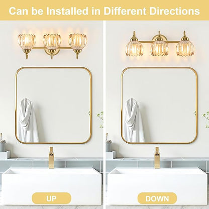 Vintage Bathroom Light Fixtures, Brass Vanity Lights with Amber Tulip Glass Shade, Vanity Sconces for Bathroom Bedroom Living Room Hallway, 3-Light
