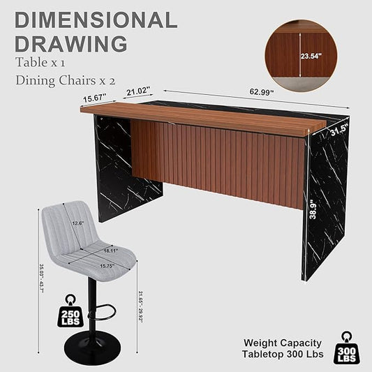 Montary 63-inch Modern Kitchen Island and Dining Table Set with 2 Swivel Stools, Marble-Look Countertop with LED Lights and Metal Grille Design, for Kitchen, Living Room,Black & Gray