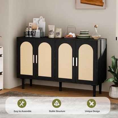Large Sideboard Buffet Cabinet with Storage, Modern Credenza Buffet Table Coffee Bar Wine Bar Storage Cabinet with Artistic Carved Handle for Dining Room Living Room, (Black&Oak)