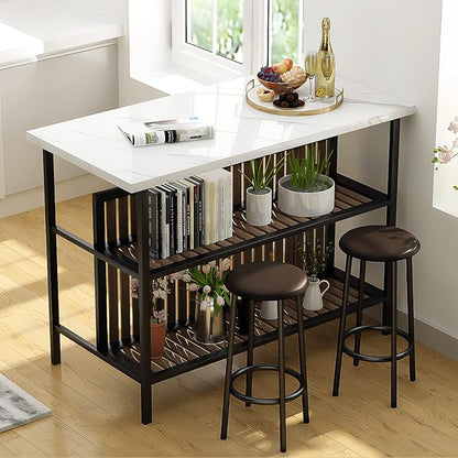 Lamerge 3 Piece Bar Table and Chairs Set,Industrial Kitchen Island Table with Storage and Seating,Faux Marble Kitchen Tables Set for 2 with Shelves,Counter Height Table Set for Small Space,White