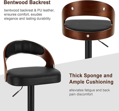 VECELO Bar Stool Set of 4, Kitchen Island Stools with Bentwood Back,Arm&Footrest,Island Chairs Adjustable Height PU Leather Cushion Seat,360°Swivel Bar Stools for Kitchen Counter,Club Pub,Black