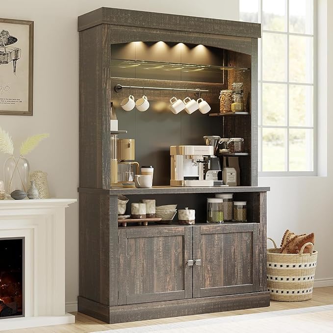 GarveeHome Coffee Bar Cabinet with LED Lights 72 in Tall Buffet Cabinet with Storage Farmhouse Kitchen Sideboard Tall Coffee Hutch with Microwave Stand/Wine Rack/Glass Shelf Dining Room (Oak Black)