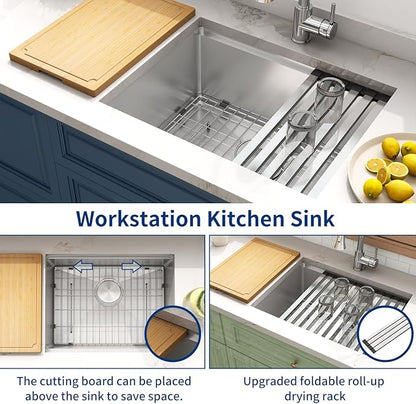 LQS 23 Inch Undermount Kitchen Sink, 16 Gauge Stainless Steel Undermount Kitchen Sink, 10" Smart Workstation Ledge With Abundant Accessories, R10 Corner and X-Shaped Drain Line