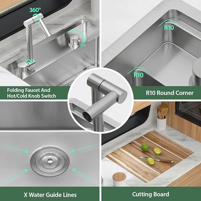 21 x 19 Inch Outdoor Sink Undermount RV Sink Workstation 16 Gauge Stainless Steel Single Bowl Handmade Outdoor Kitchen Sinks With Floding Faucet 21"x19"x9"