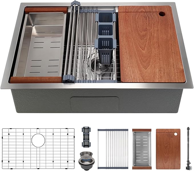32in Undermount Workstations Kitchen Sinks - 11 Gauge Stainless Steel Sink 10inch Deep Worktation Sink with Cutting Board and Accessories