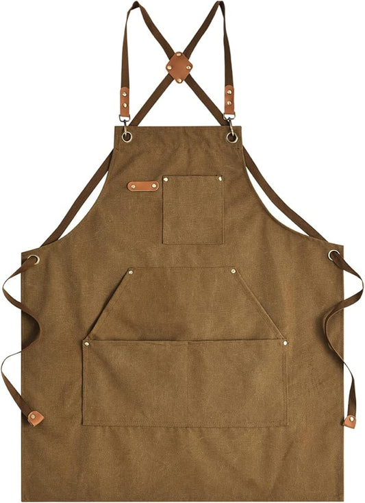 Aoomzoon Canvas Aprons for Men Chef Apron, Work Apron with Large Pockets - 16oz Heavy Duty Cross Back, BBQ, Cooking