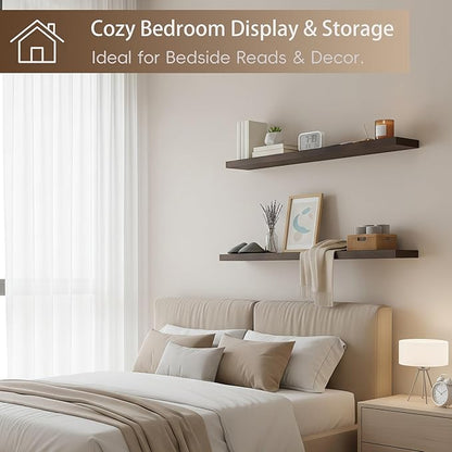 Lufia Floating Wall Shelves, Set of 2, MDF with Invisible Brackets, Modern Storage for Bedroom, Bathroom, Living Room, Kitchen (Rustic Brown, 32" W x 7" D x 1.5" H)