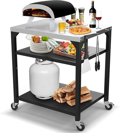 Pizza Oven Table for Ooni, Ninja, Woodfire, Blackstone, Bighorn, Cuisinart, Outdoor Grill Table for Ooni Pizza Oven Accessories, Movable Pizza Oven Stand as Food Prep Cart, Barbecue Tool Set