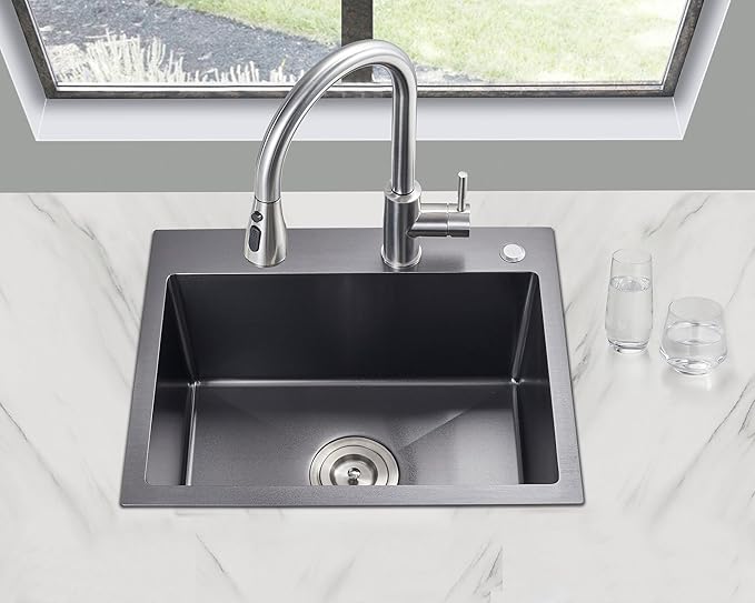 MENATT 24 Inch Drop-in Single Bowl Kitchen Sink Black, 304 Stainless Steel Handmade Topmount Kitchen Bar Residential Sink, D24"xW18"xH9"