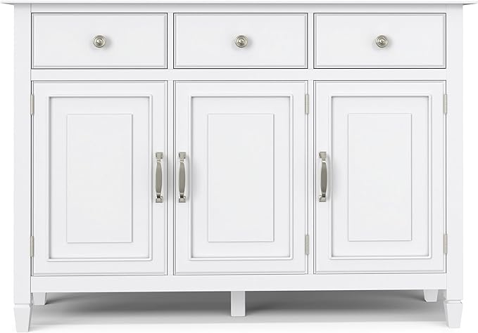 SIMPLIHOME Connaught 51-inch Wide Solid Wood Storage Cabinet in White for the Entryway, Mudroom, 3 Drawers and Adjustable Shelves, Traditional Style, Space-Saving Design